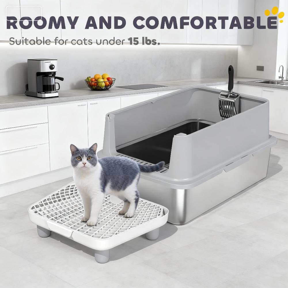 Stainless Steel Cat Litter Box with Scoop and Filter - Large, Odor-Resistant
