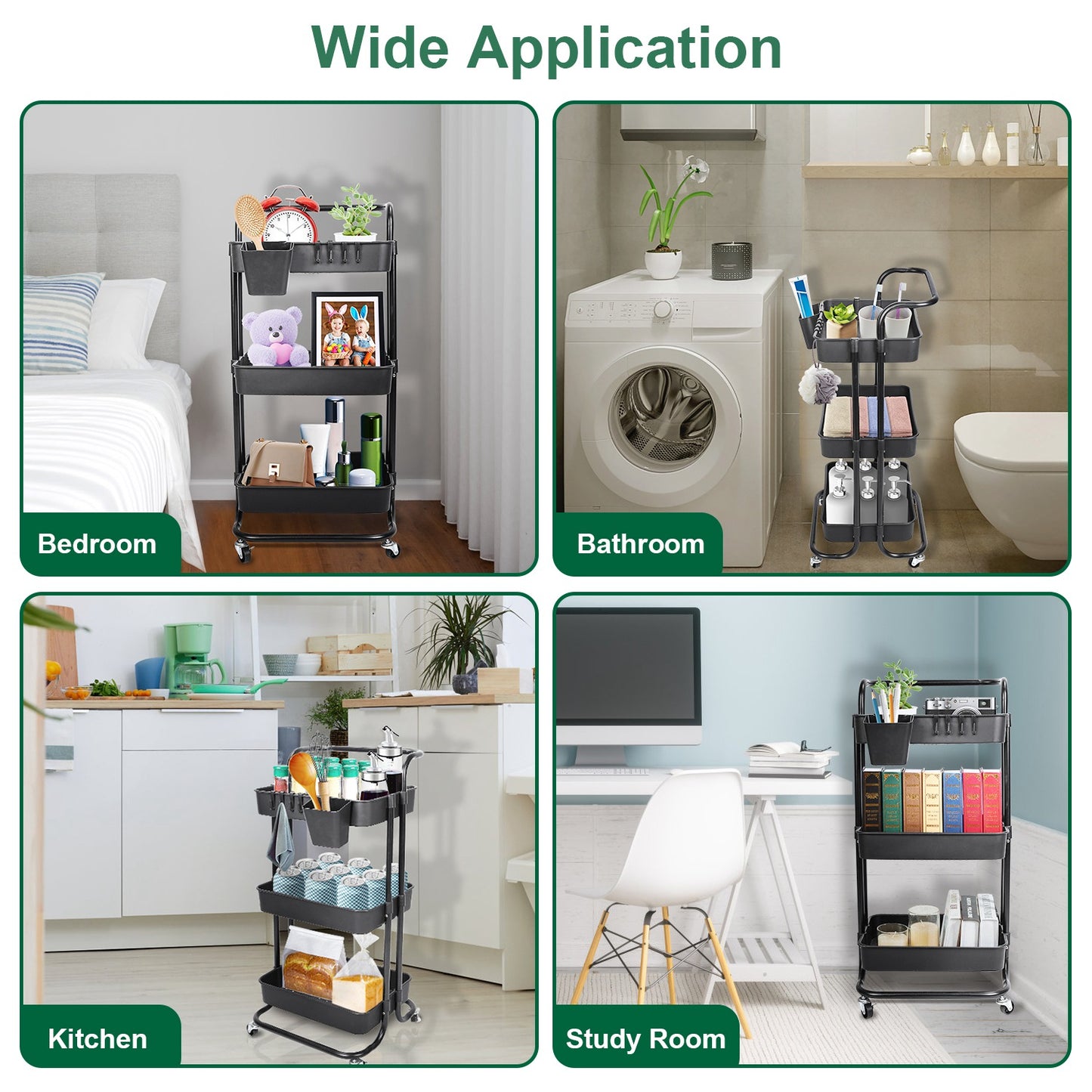 3-Tier Rolling Utility Cart with Mesh Baskets and Lockable Wheels