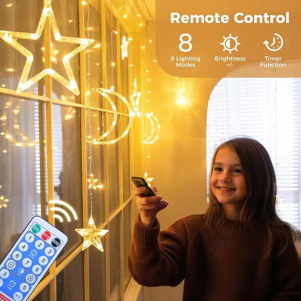 Solar Icicle Lights - Waterproof Moons Stars Curtain String with Remote