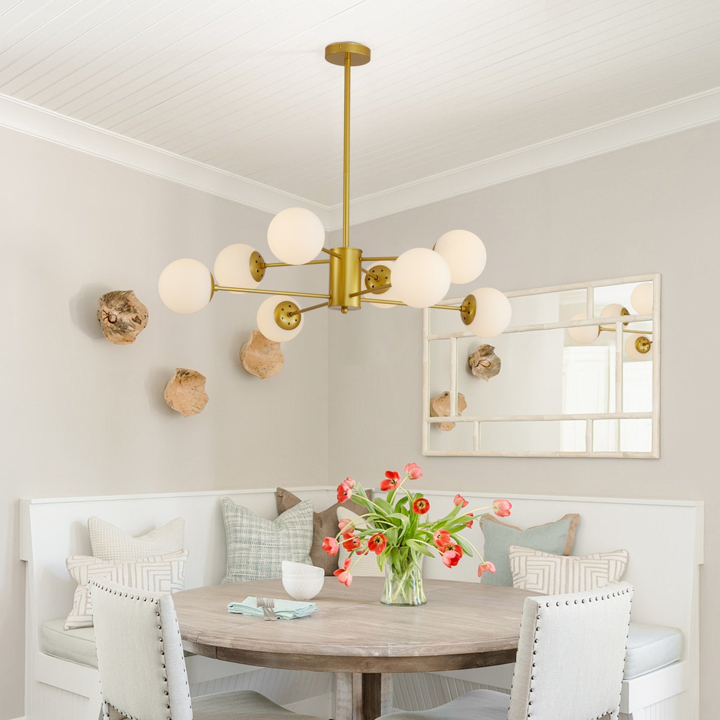 8-Light Gold Chandelier with White Glass Globe Shades - Modern Design