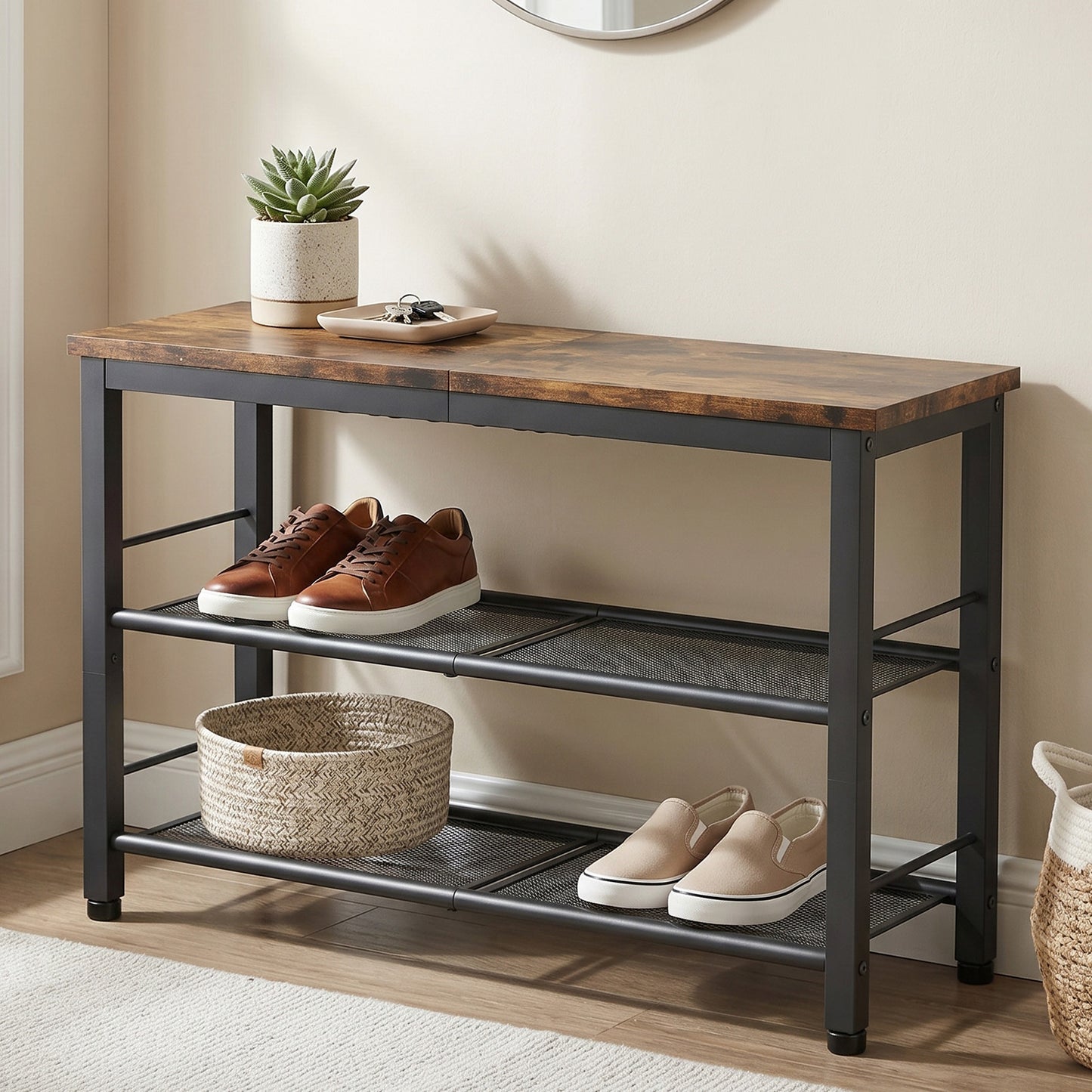 3-Tier Industrial Style Shoe Bench Storage Rack - Easy Assembly