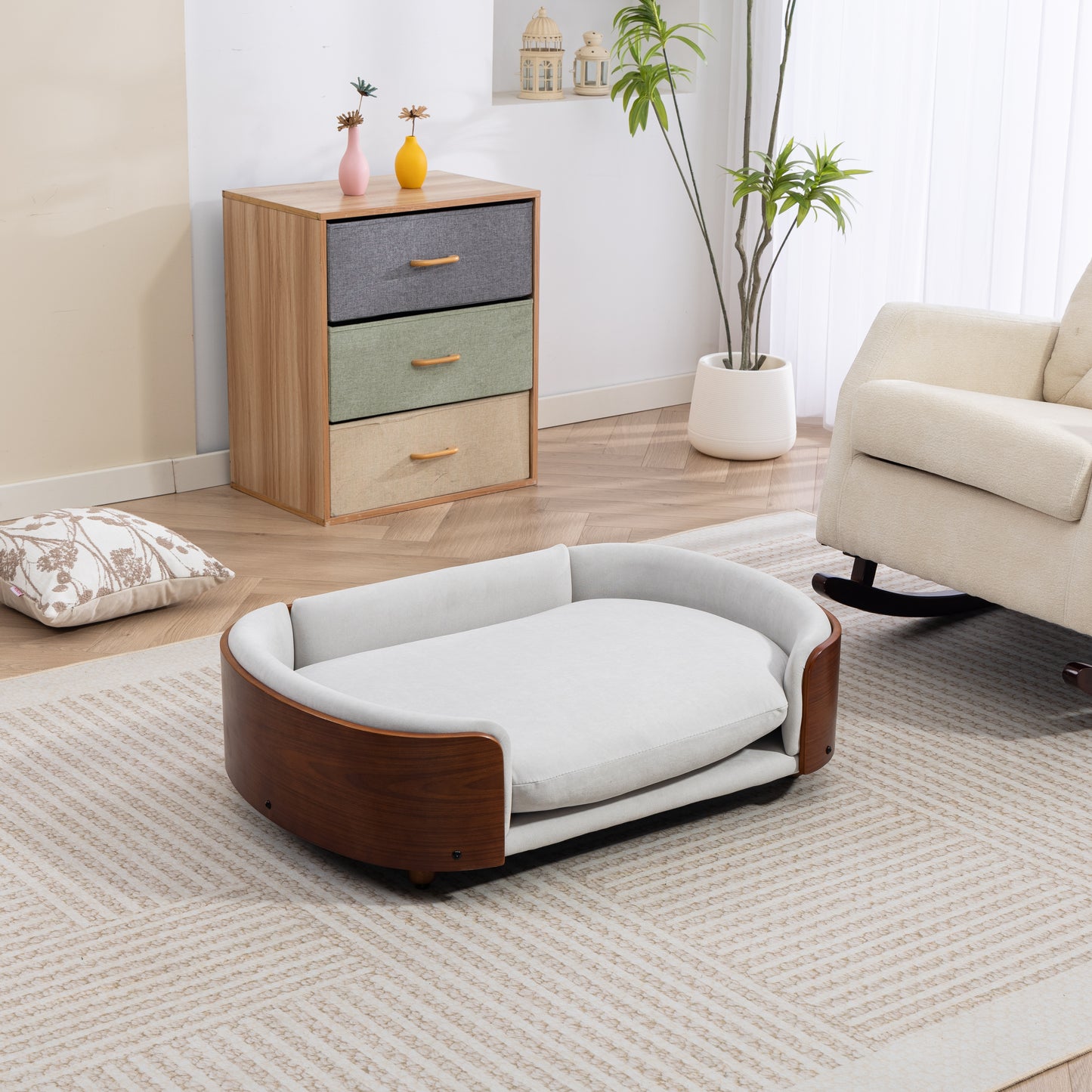 Large Elevated Dog Bed with Velvet Cushion and Solid Wood Legs - Scandinavian Style Pet Sofa
