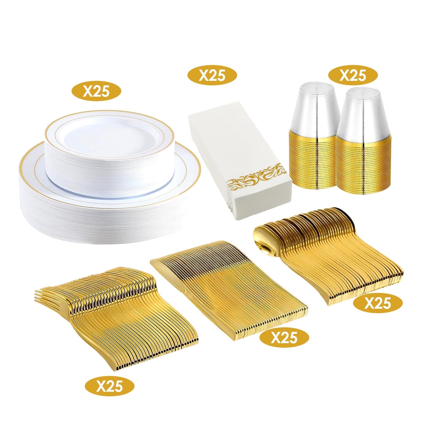 175-Piece Gold Disposable Dinnerware Set with Plates, Cups & Cutlery