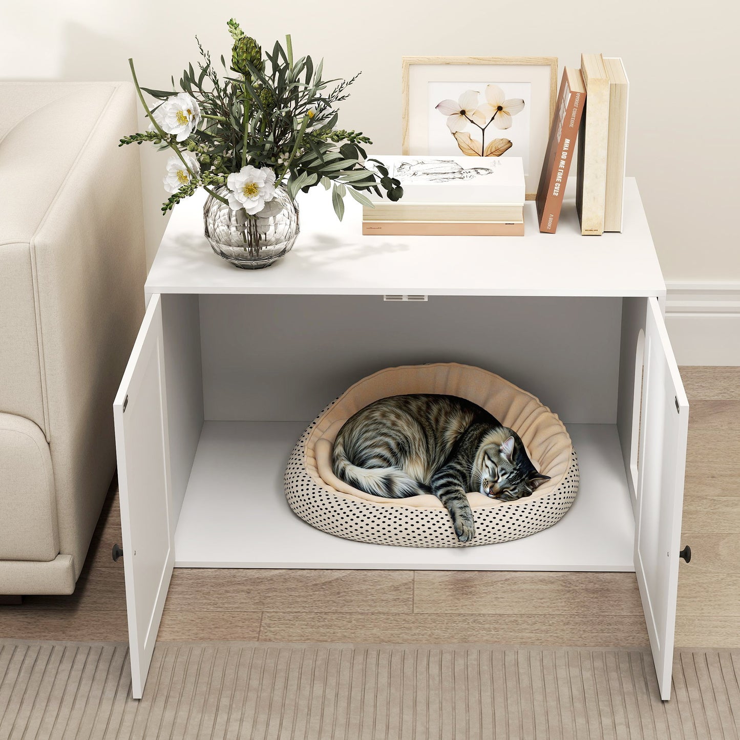 Cat Litter Box Enclosure with Barn Door and Cat Hole - White, 31.5 x 20 x 20 inches