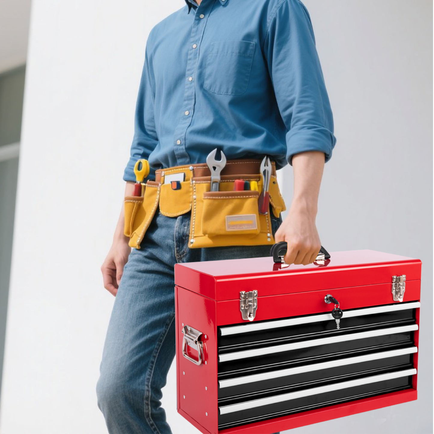 Heavy Duty Metal Tool Box 21-Inch with 4 Drawers, Locking & EVA Liners - Portable Steel Organizer, Red & Black