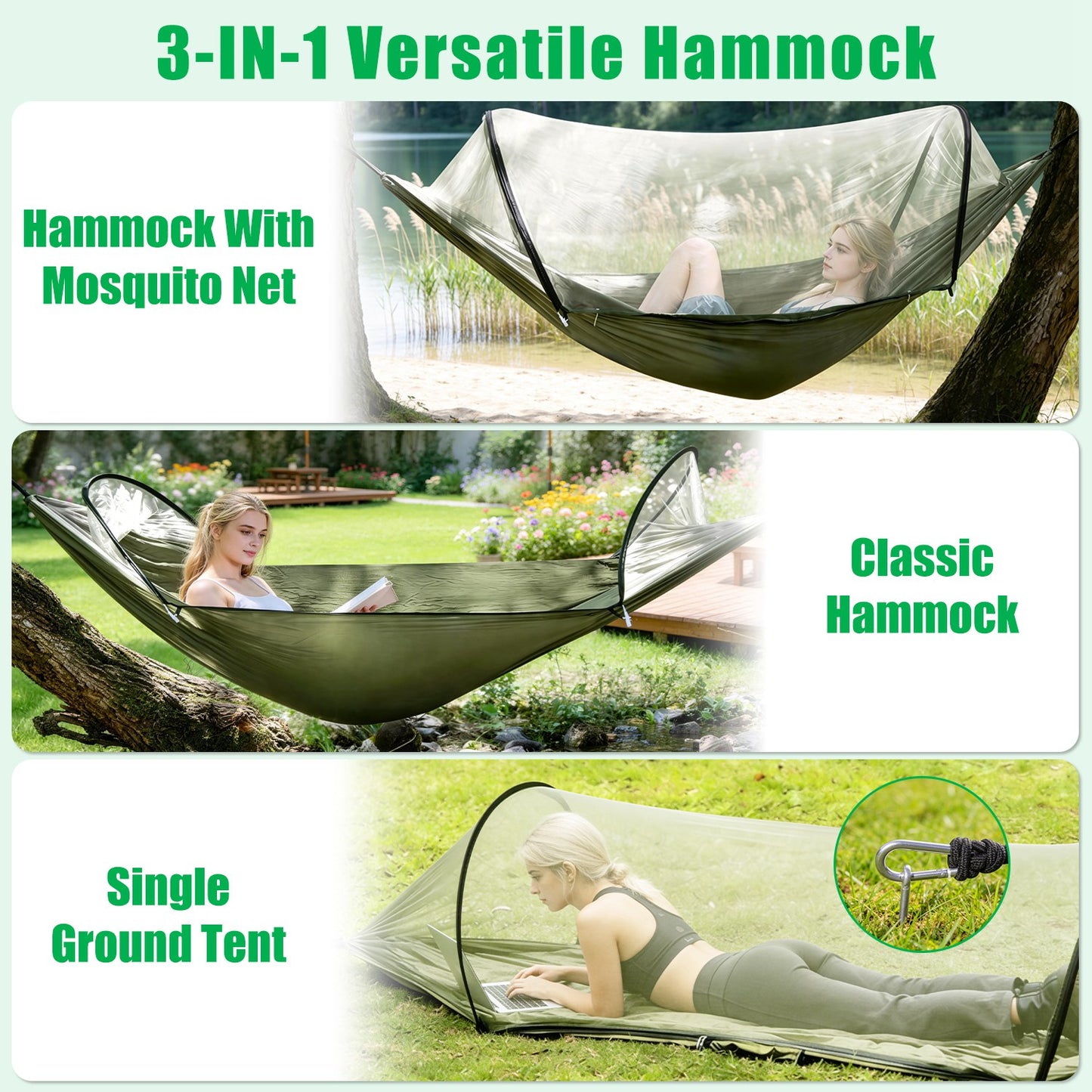 Portable Camping Hammock with Mosquito Net - 440lbs Capacity