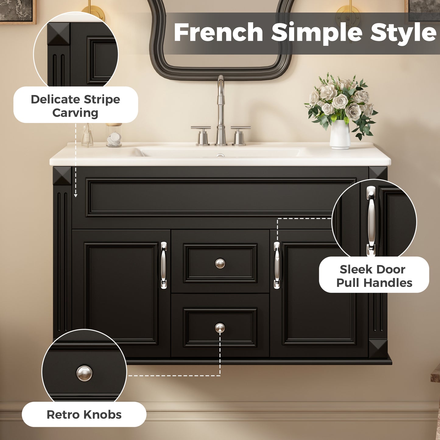 36-Inch Wall-Mounted Bathroom Vanity with Ceramic Sink - Black