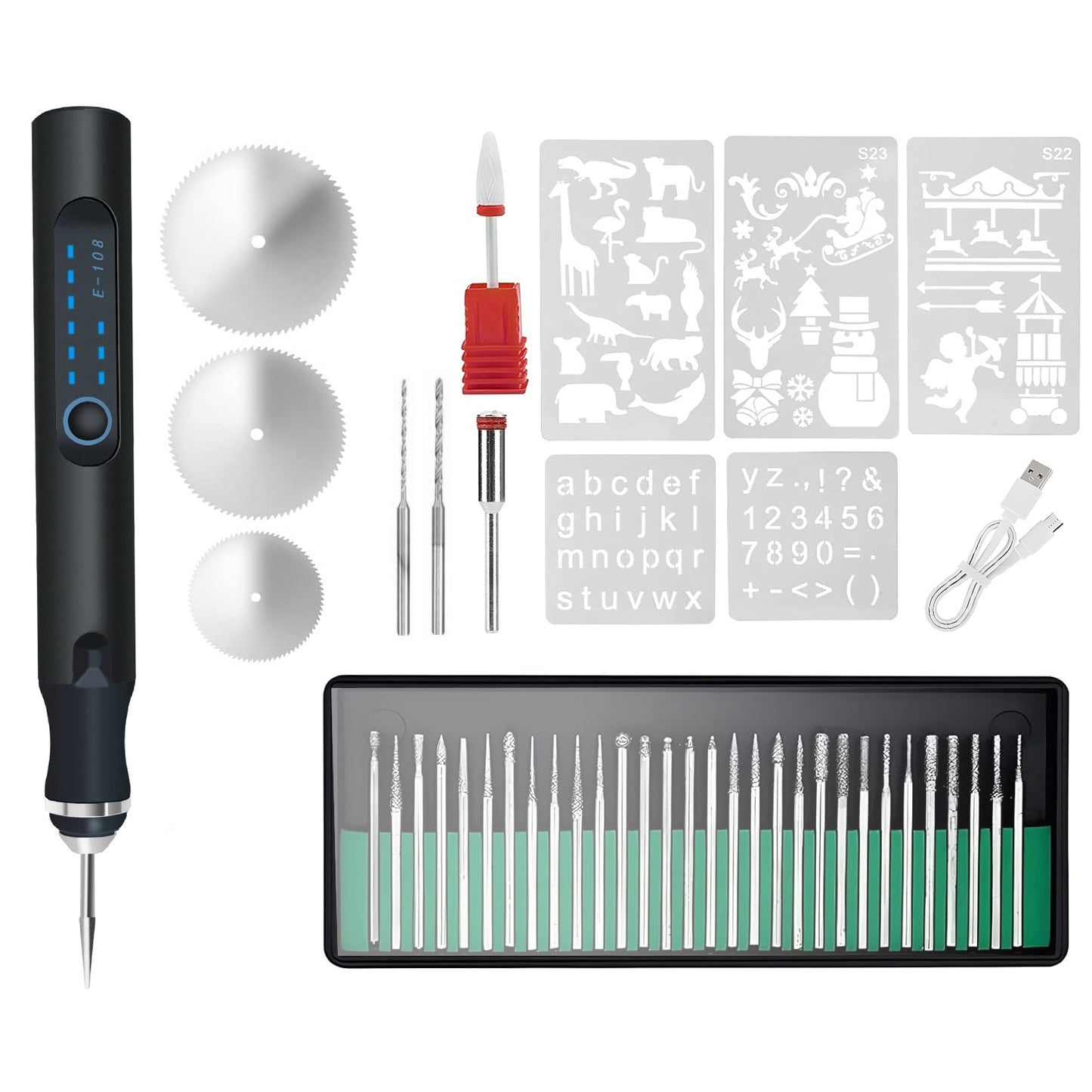 Electric Engraving Pen Kit with 33 Burr Bits and 5 Stencils - Cordless Portable DIY Etching Tool