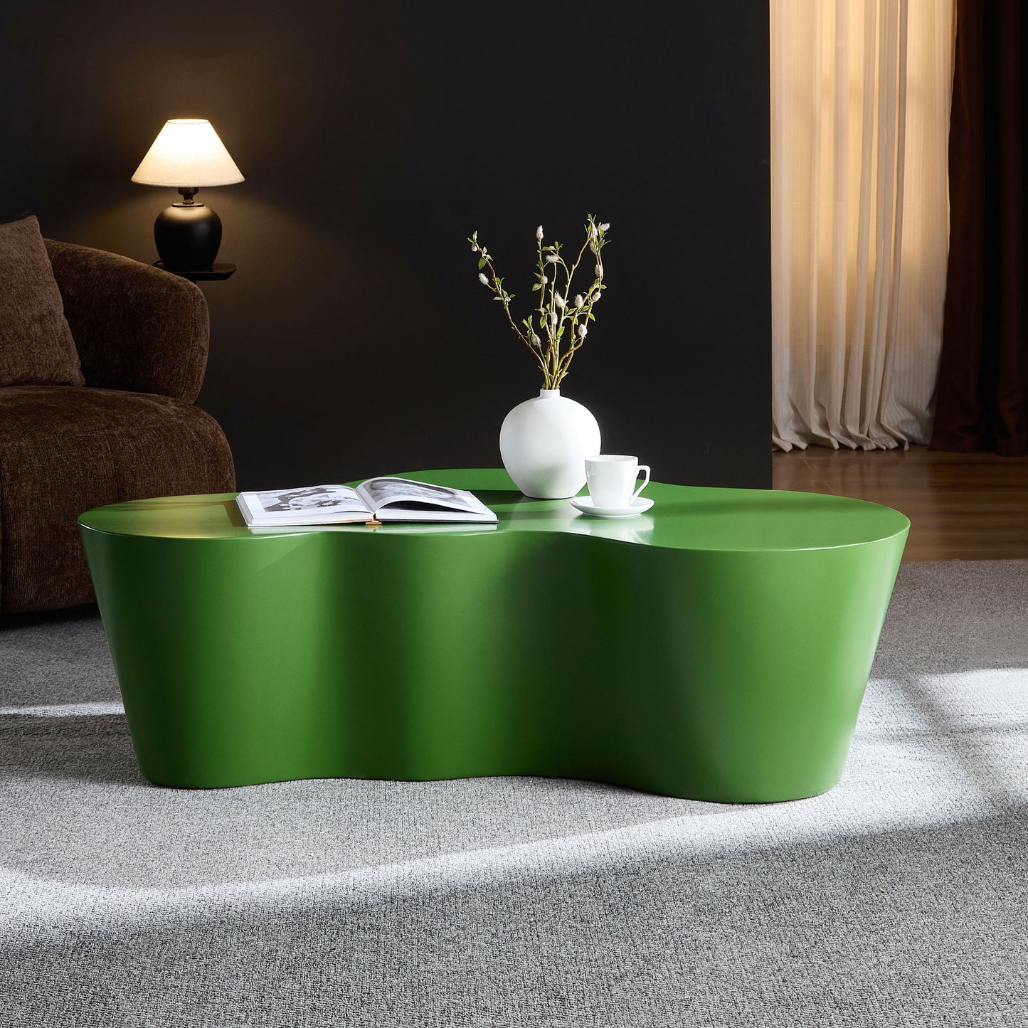 50 Inch Green Unique Shape Coffee Table - Fiberglass Living Room Table