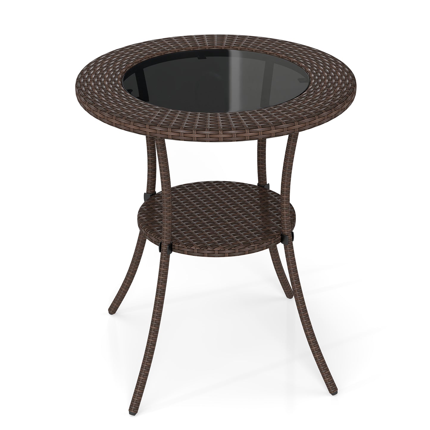 Round PE Wicker Bistro Table with Tempered Glass Top & Shelf