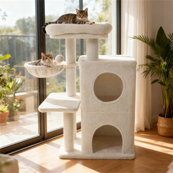 Beige Multi-Level Cat Tree with 2-Tier Condo, Sisal Posts & Wall Mount for Cats