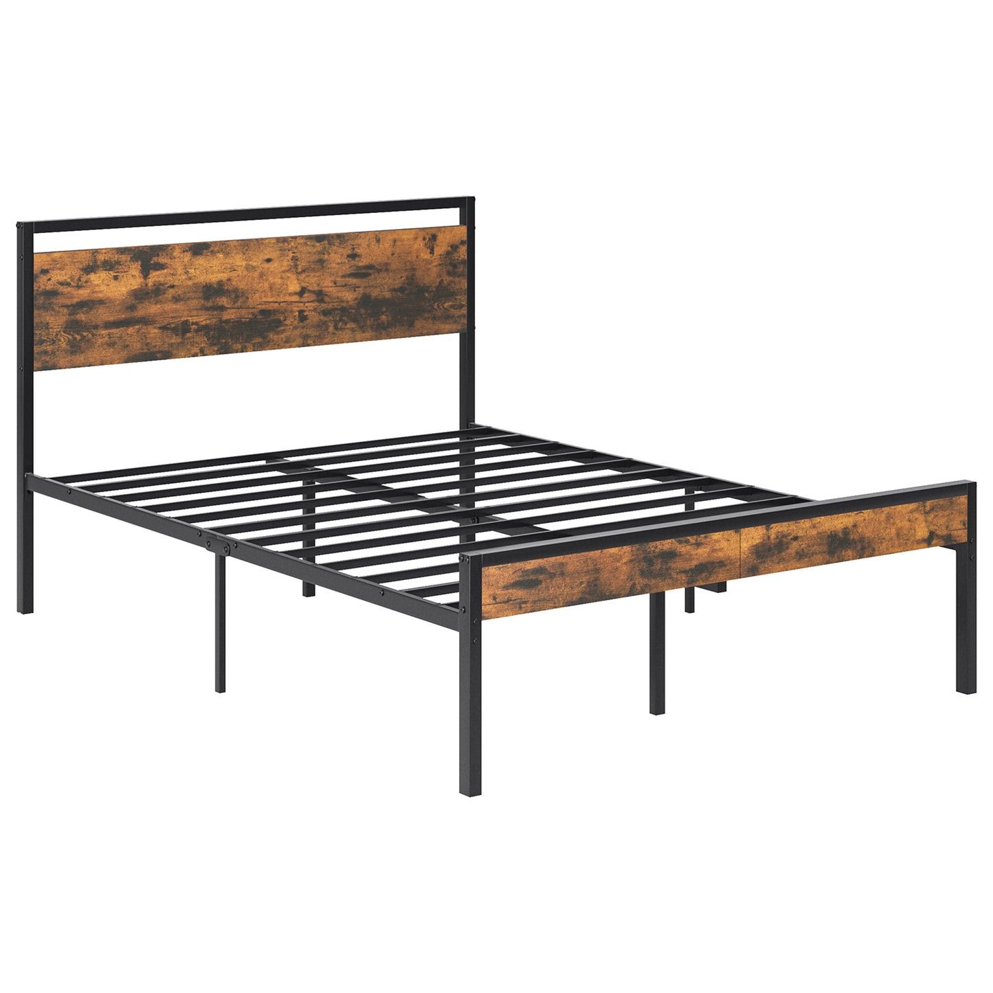 Heavy-Duty Metal Platform Bed with Wooden Headboard and Storage