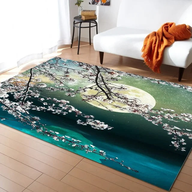Pastel Cherry Blossom and Crescent Moon Non-Slip Flannel Floor Mat - Home Rug