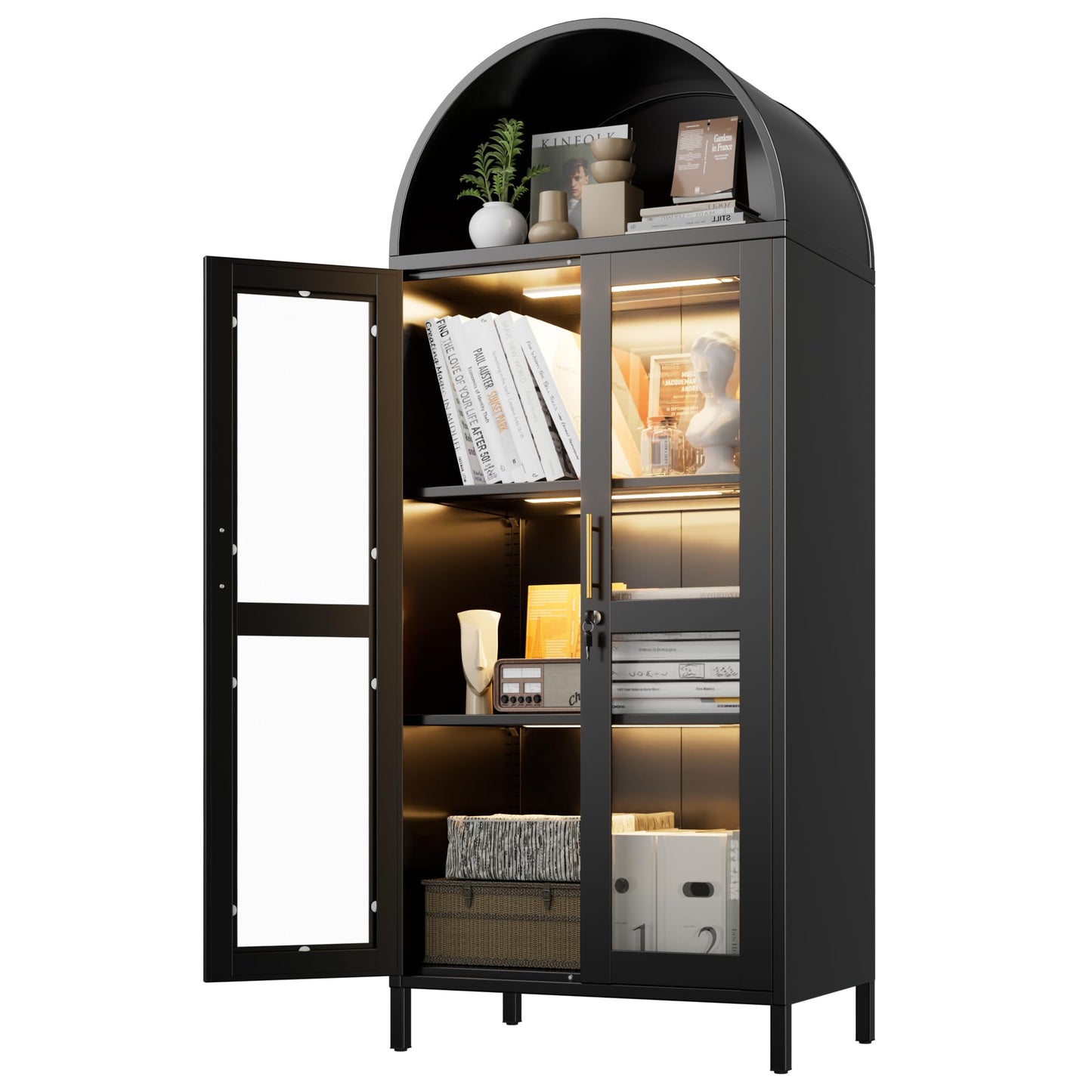 Black Metal Arched Bookcase Cabinet with LED Lights