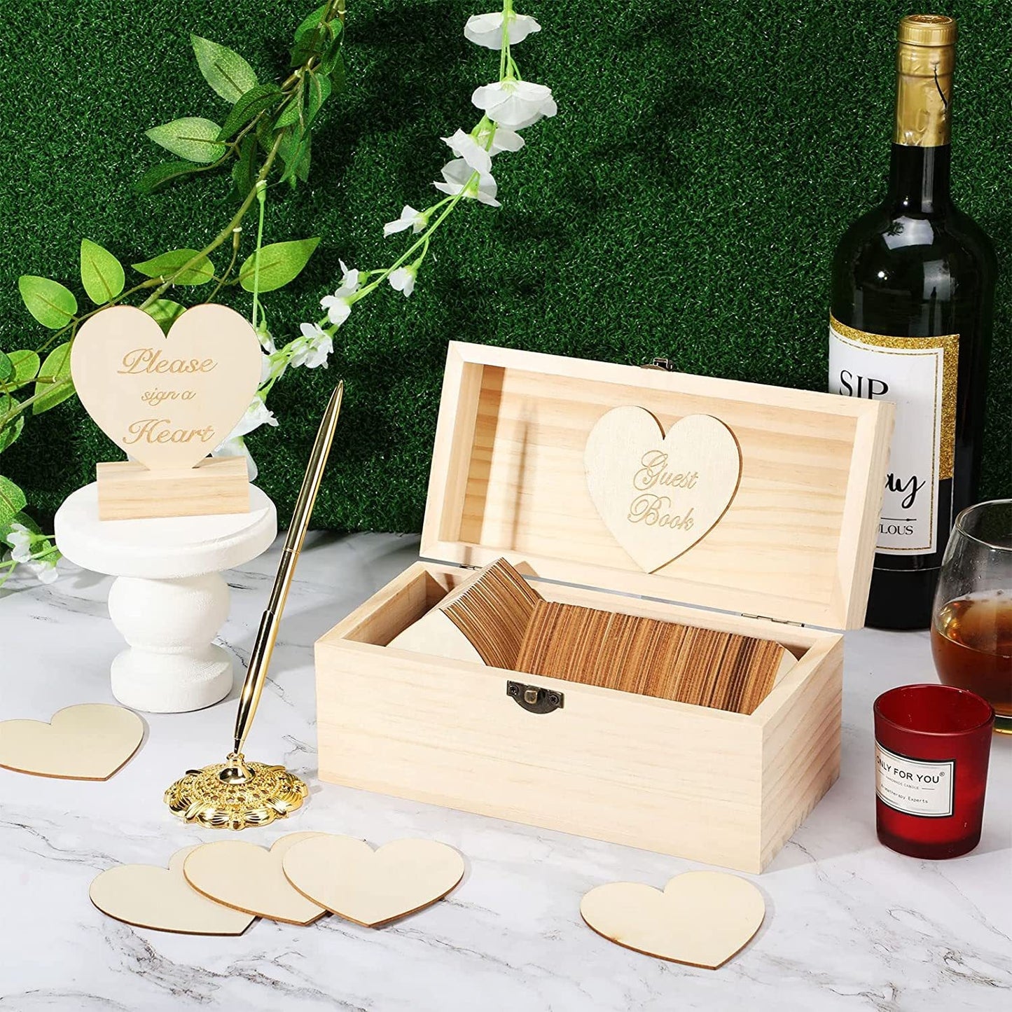 Rustic Wooden Heart Guest Book Set for Weddings & Events with Pen - Natural & Coffee Brown Options