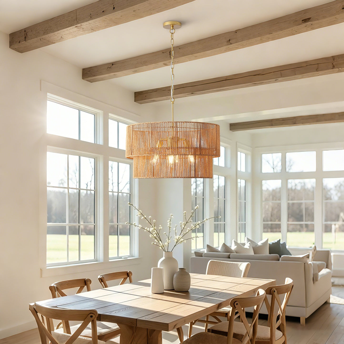 Woven Paper Rattan Pendant Light - 2-Tier Boho Ceiling Lamp for Dining & Living Room