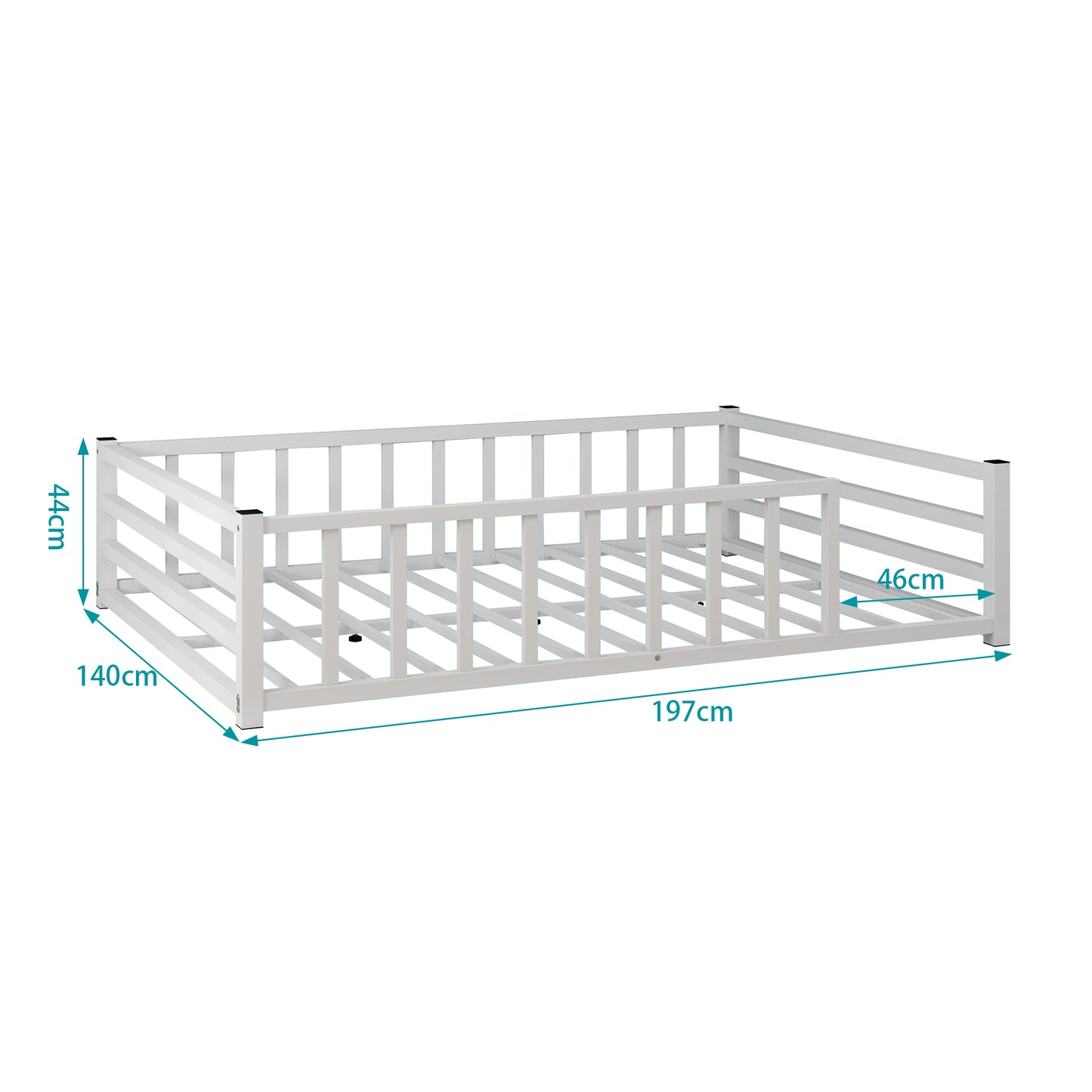 Full Size Low Profile Metal Bed Frame with Guardrails - White