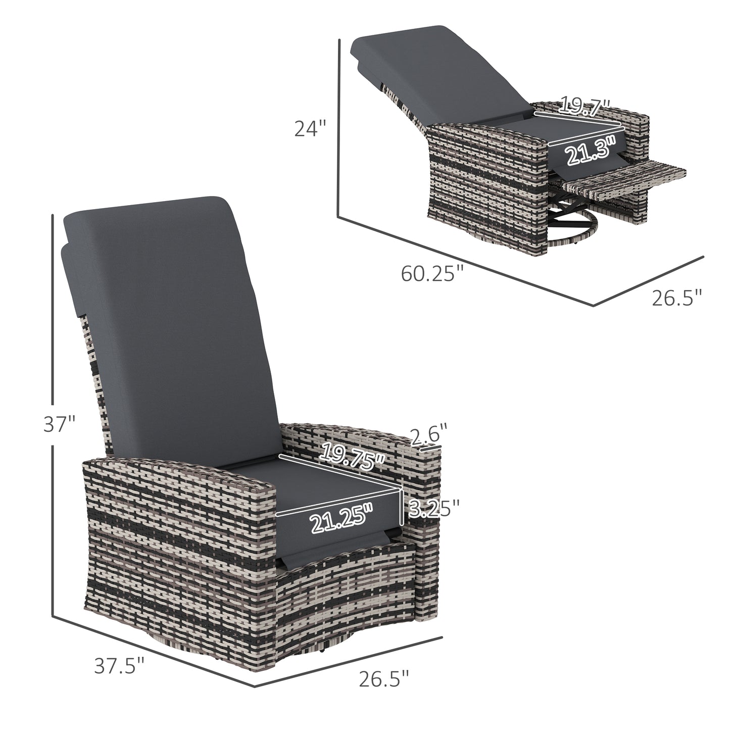 Outdoor Wicker Swivel Recliner Chair with Lifting Footrest - Gray