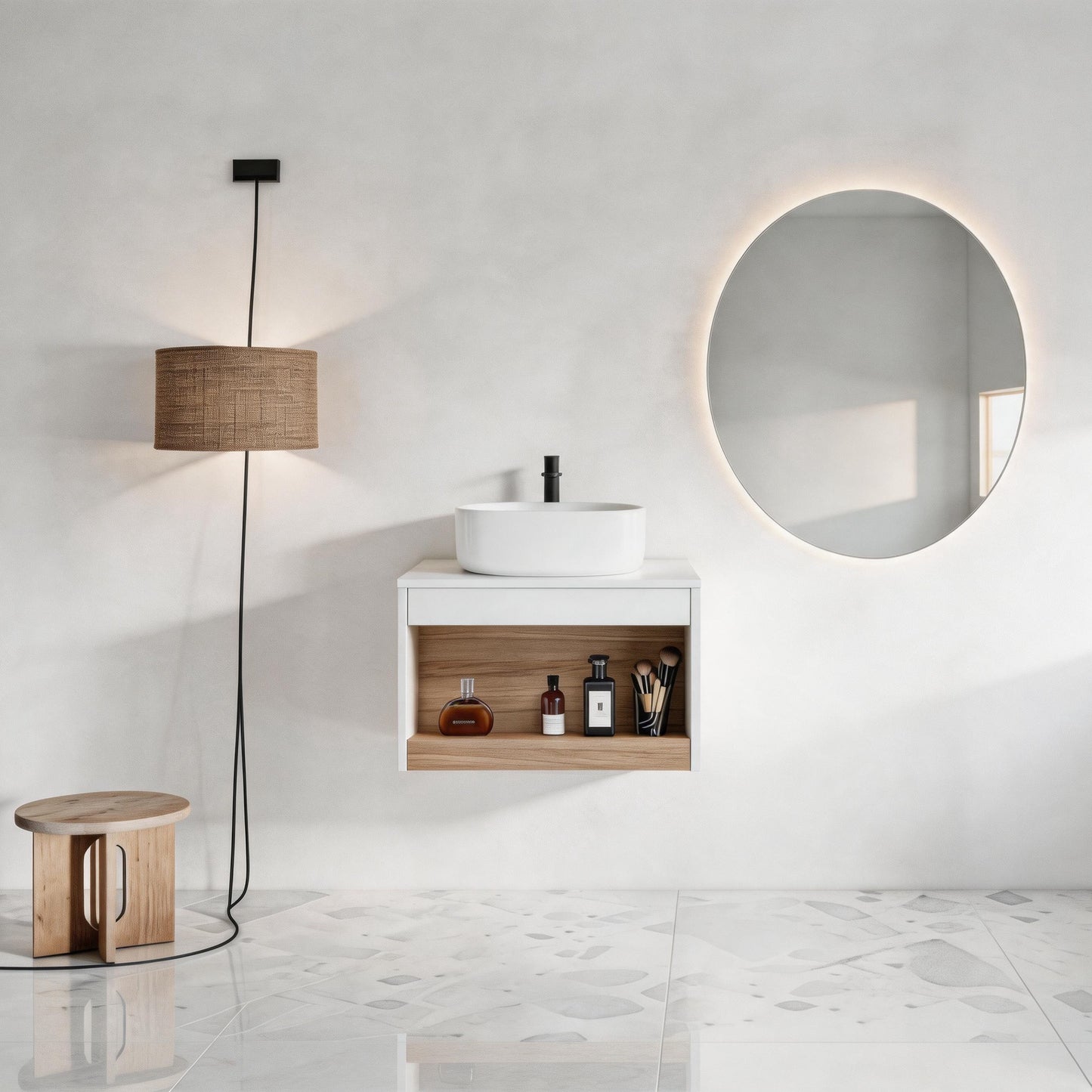 24" Wall-Mounted Bathroom Vanity with Open Shelf - White & Light Oak