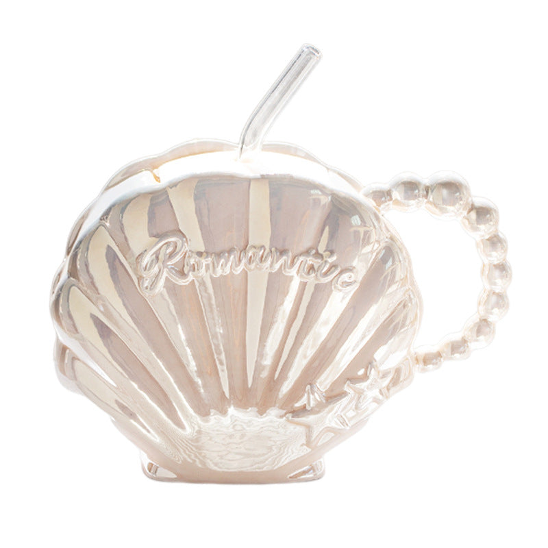 Ceramic Cup with Straw 450ml - Elegant Pearl Shell Design for Kitchen & Home Use