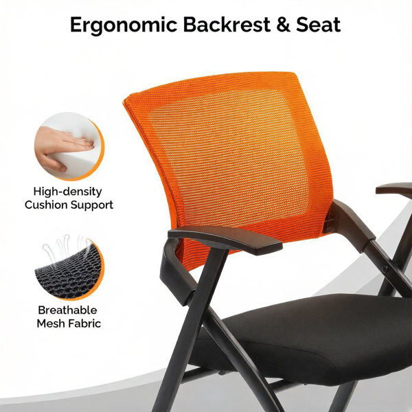 Stackable Folding Office Chair with Wheels - Ergonomic Padded Seat, 350lbs Capacity, Orange
