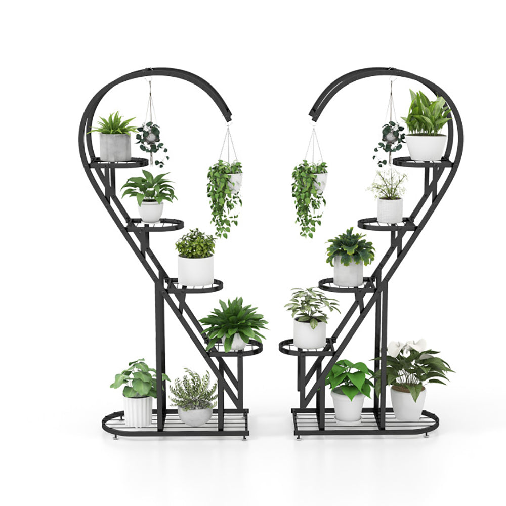 5-Tier Metal Plant Stand with Hanging Hooks - Indoor Outdoor Garden Display