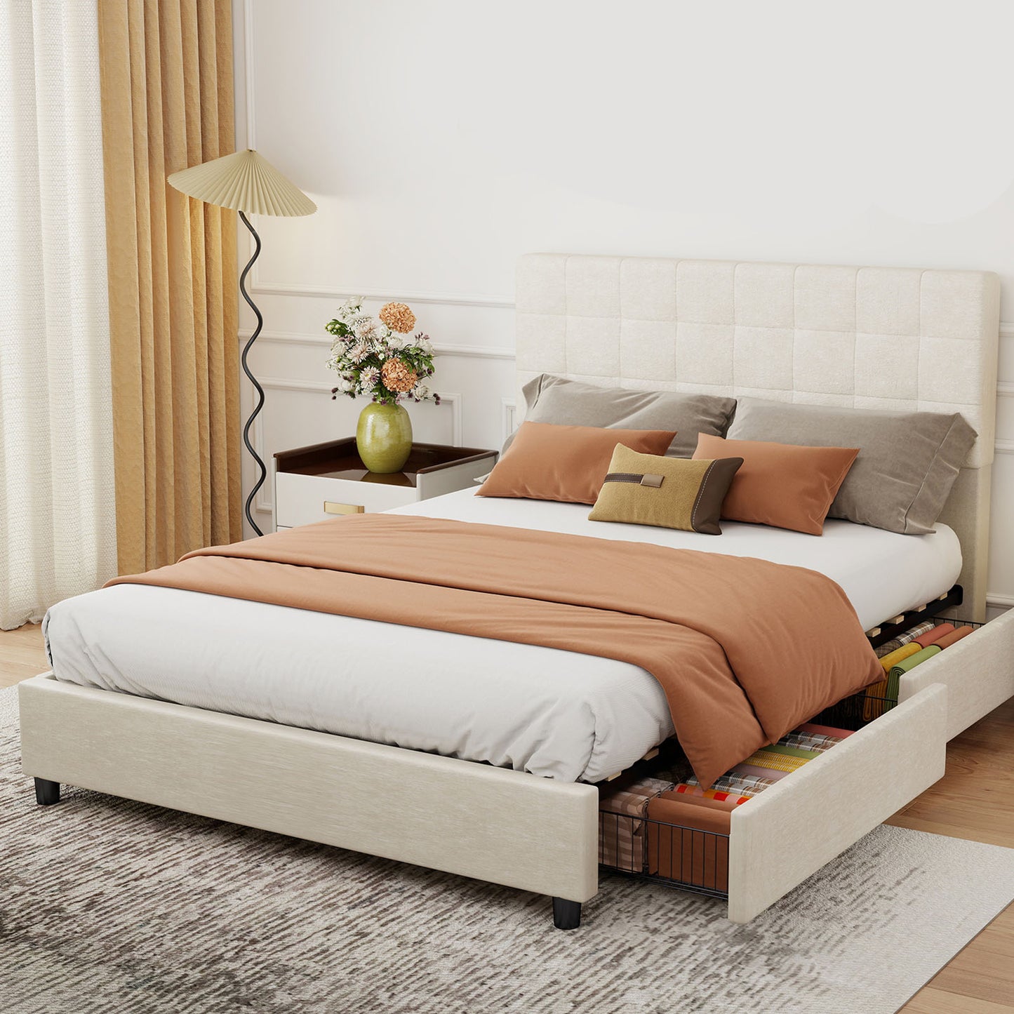 Bed Frame Upholstered Vertical Channel Headboard With 4 Storage