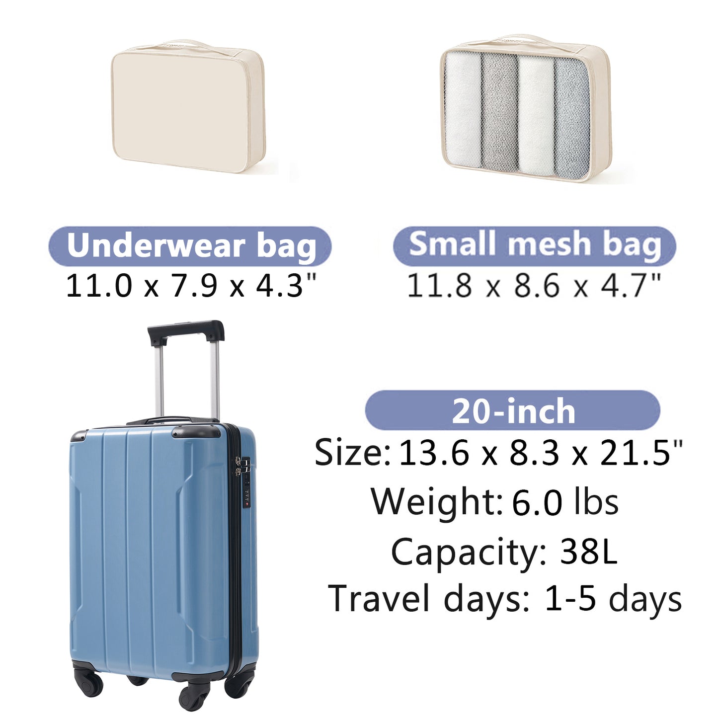 20-Inch Lightweight Hardshell Carry-On Luggage with Spinner Wheels