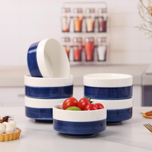 10 oz White-Blue Ceramic Bowls Set of 4 - Microwave & Dishwasher Safe