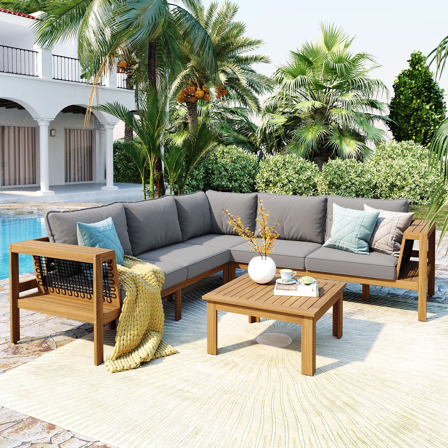 4 Pieces Outdoor Acacia Wood Sofa Set, Woven Mesh Armrests, L-Shaped