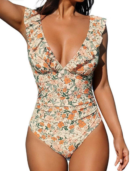 Women's Multi-Color V-Neck One-Piece Swimsuit with Flounce