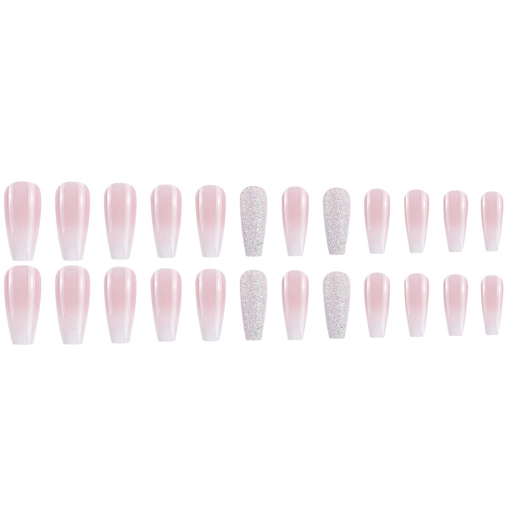 24-Piece Long Coffin-Shaped Gradient Pink Nail Art Kit with Sequin Embellishments