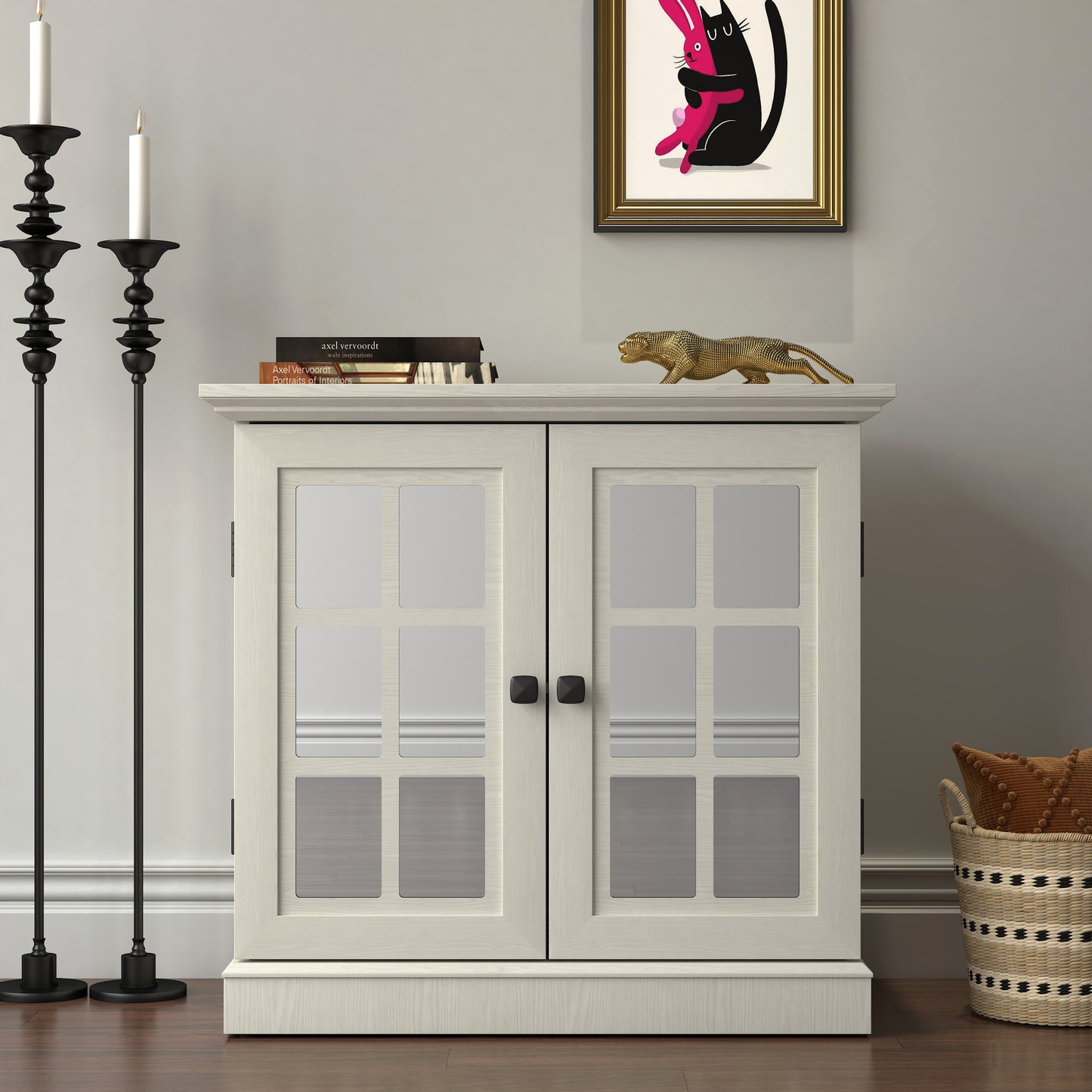 Storage Sideboard Cabinet With 2 Decorative Acrylic Mirrored Doors,