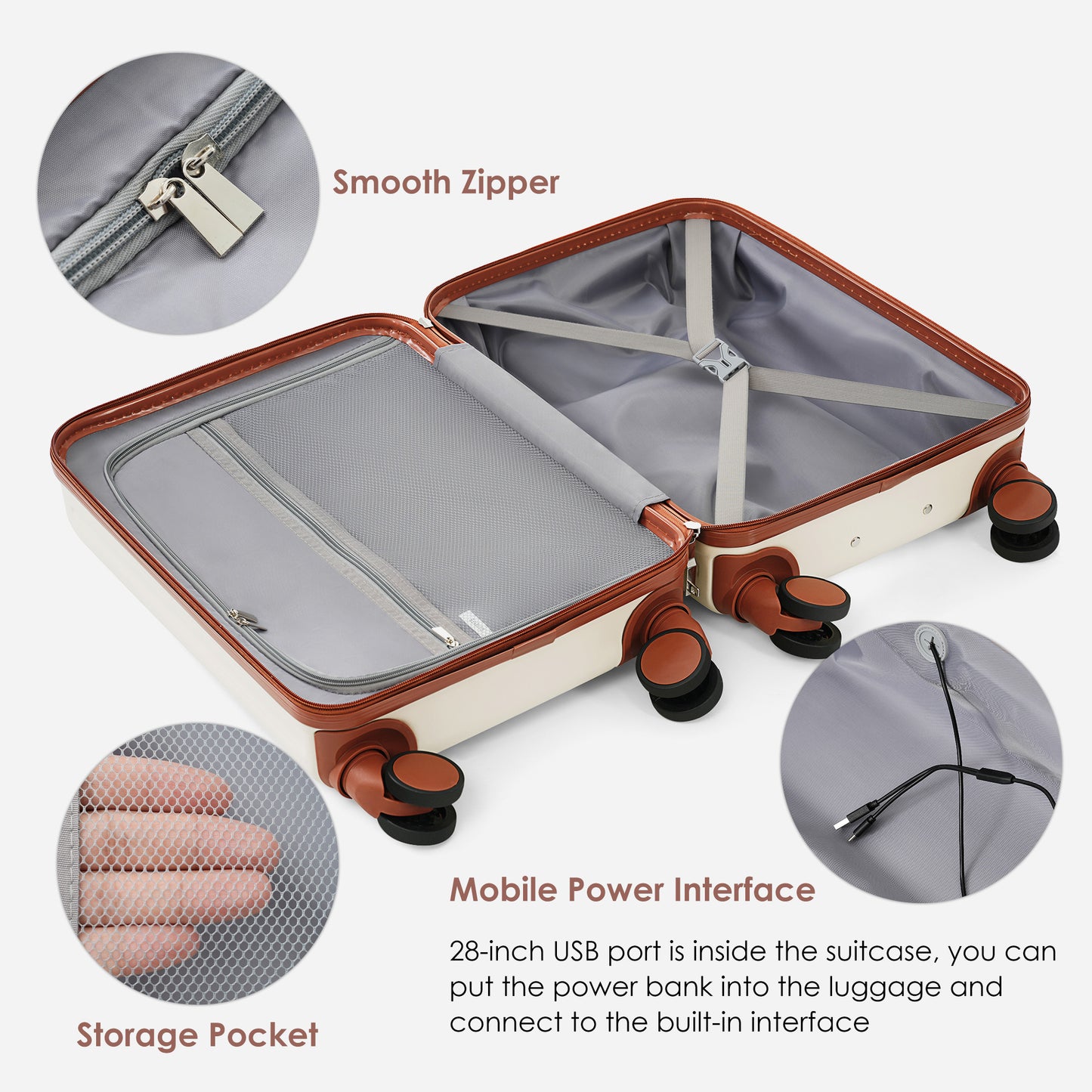3-Piece Luggage Set with USB Port - 20, 24, 28 Inch, Ivory