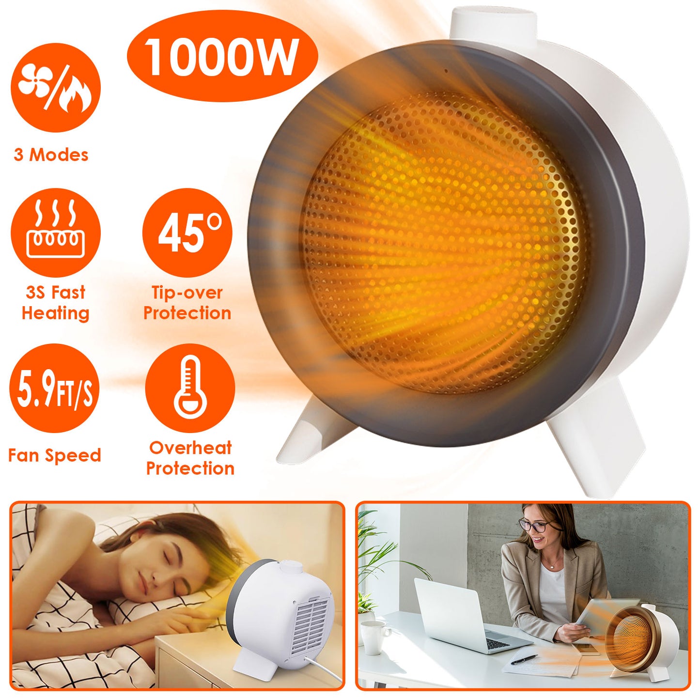 Portable Ceramic Space Heater with 3 Modes, Fast Heating, Tip-Over & Overheat Safety