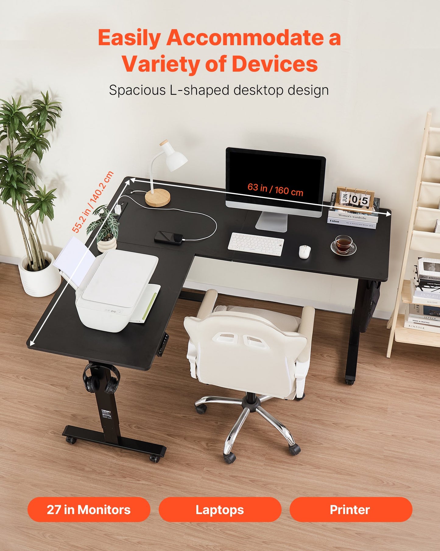 Electric Adjustable Height L Shaped Gaming Desk with Wheels - Black
