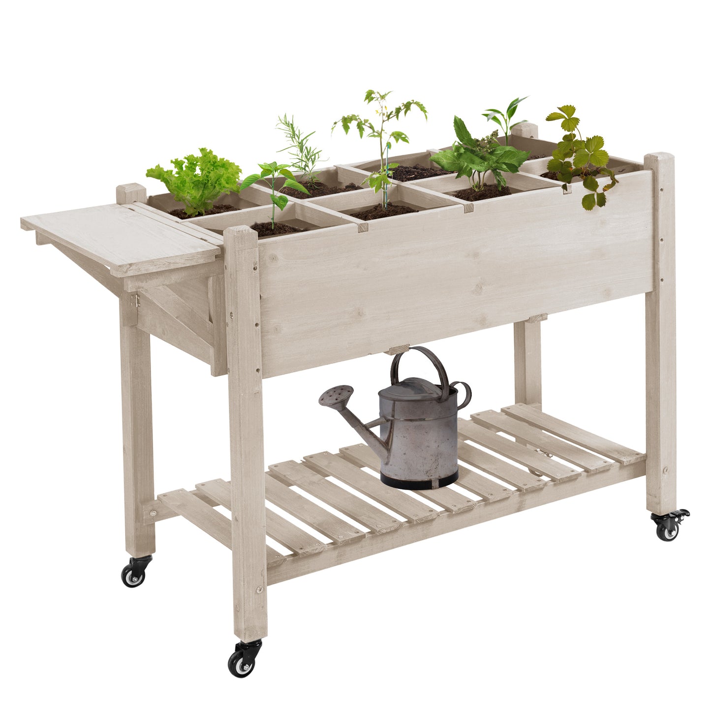 Raised Garden Bed Planter with 8 Compartments, Storage Shelf & Lockable Wheels