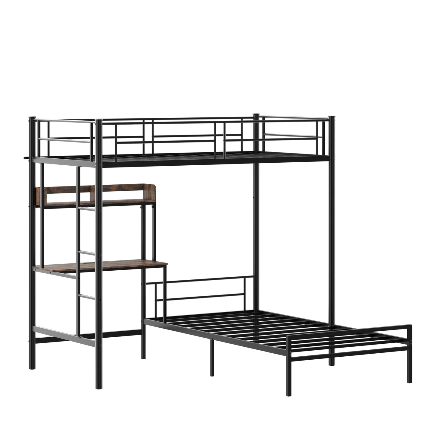 L-Shaped Twin Bunk Bed with Desk & Charging Station - Black