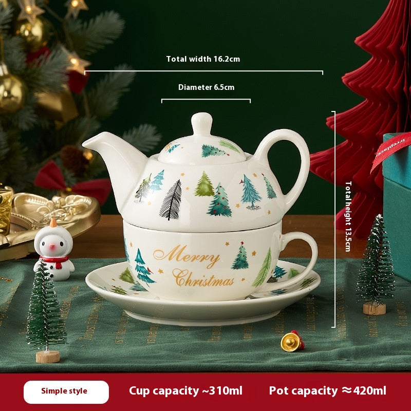 Gift Box Tea Set with Ceramic Teapot & Cups - Gold Plated Snowflake Design, Christmas Gift