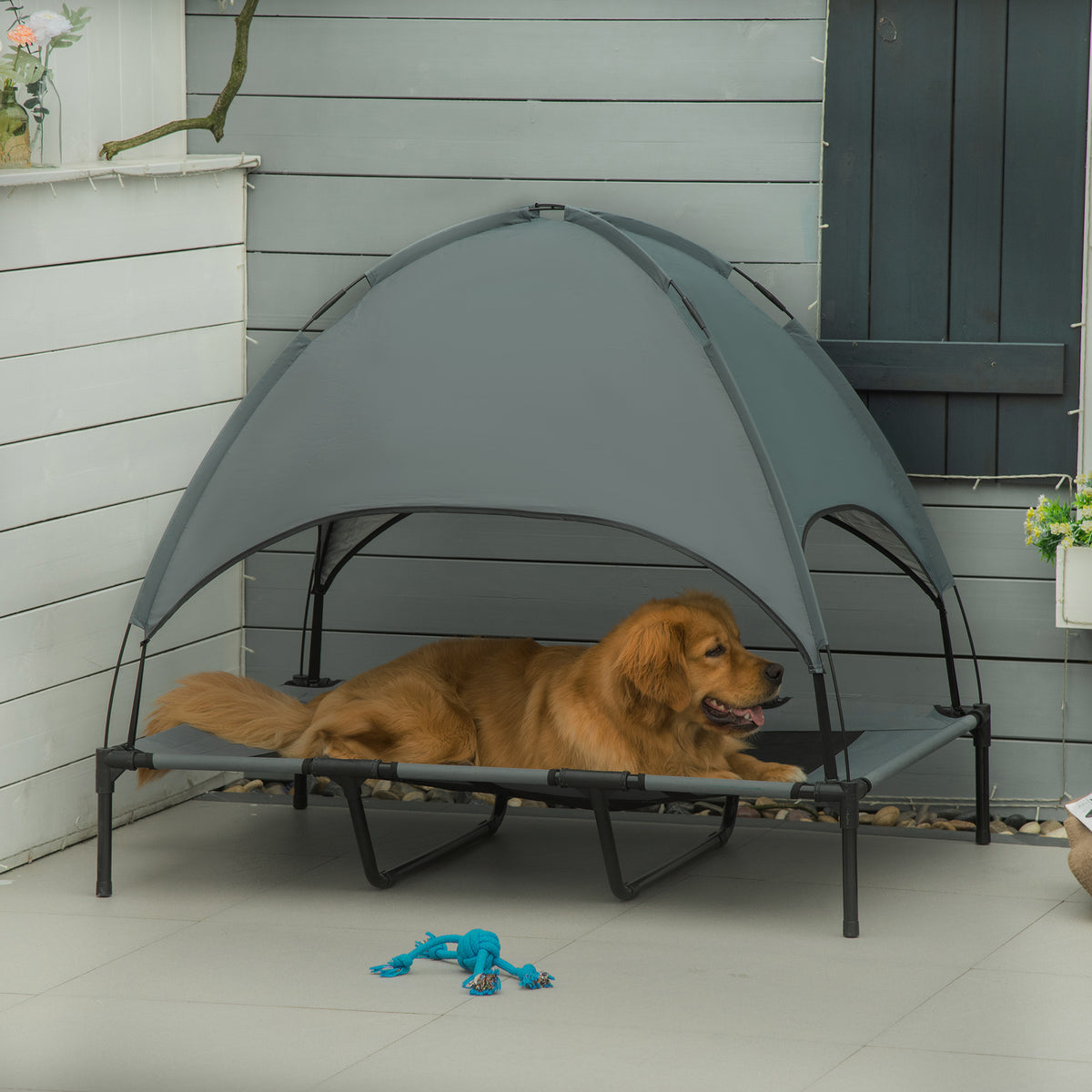 Elevated Dog Bed with Canopy Shade and Cooling UV Protection - 48x36 Inches