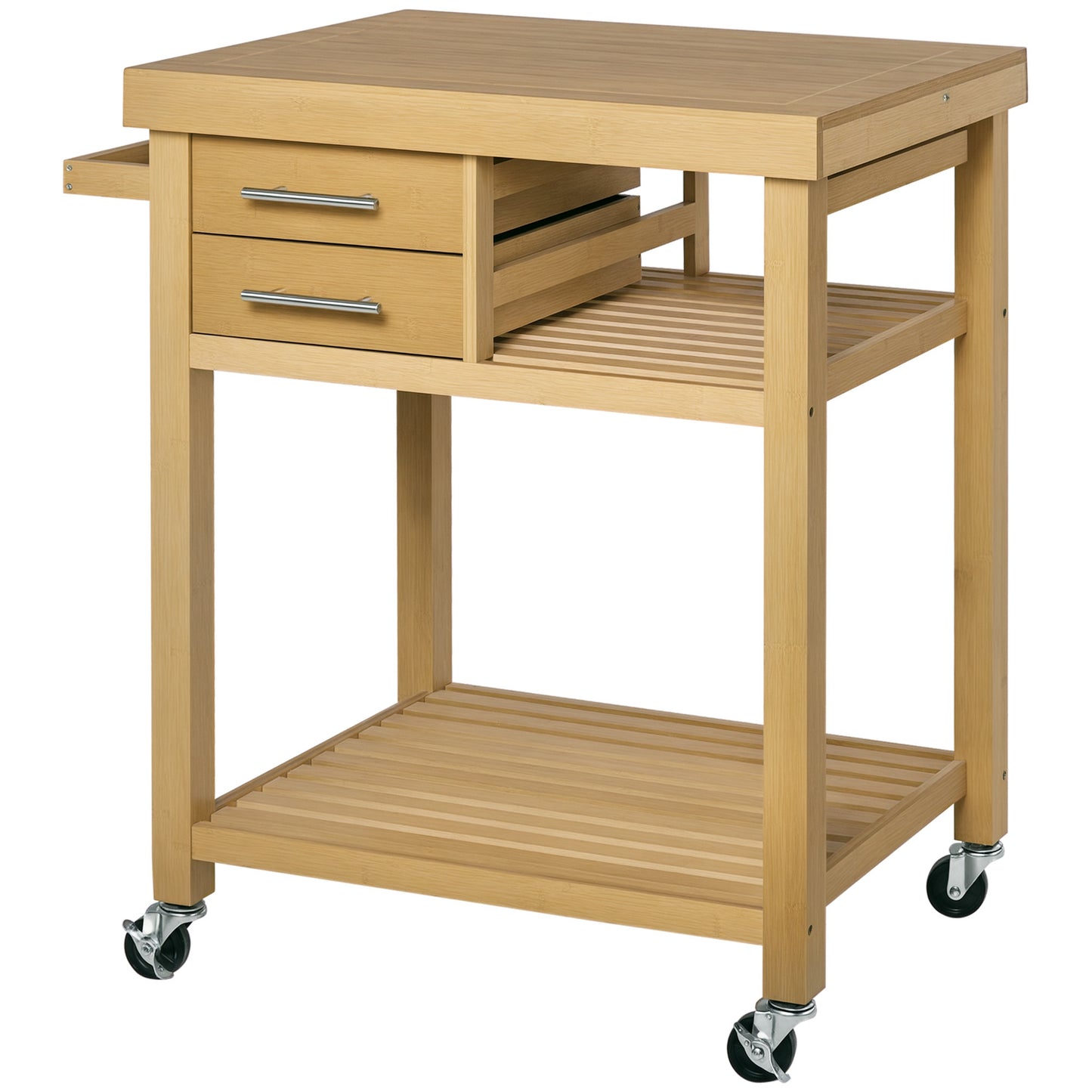 Bamboo Kitchen Island Cart on Wheels, Utility Trolley with 2 Storage