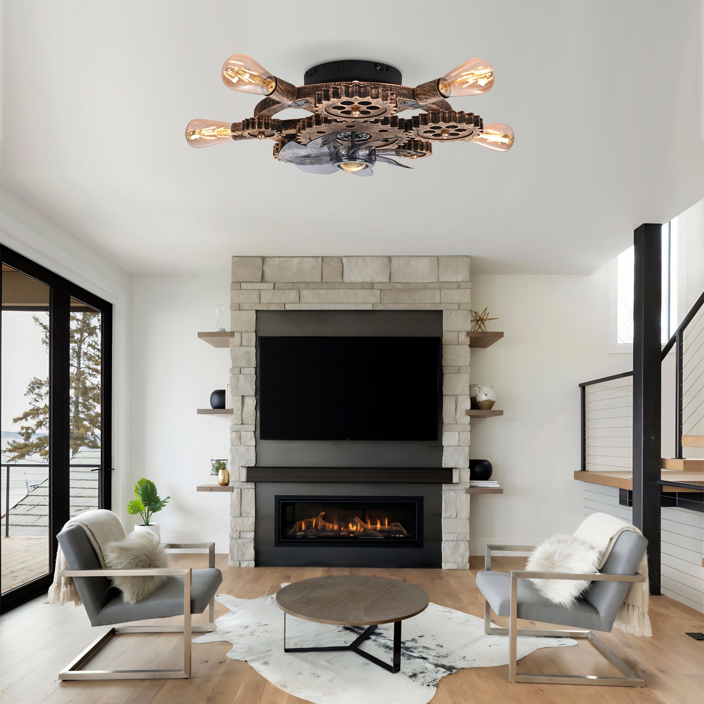 19.6" Industrial Caged Ceiling Fan Light with Remote - Bronze