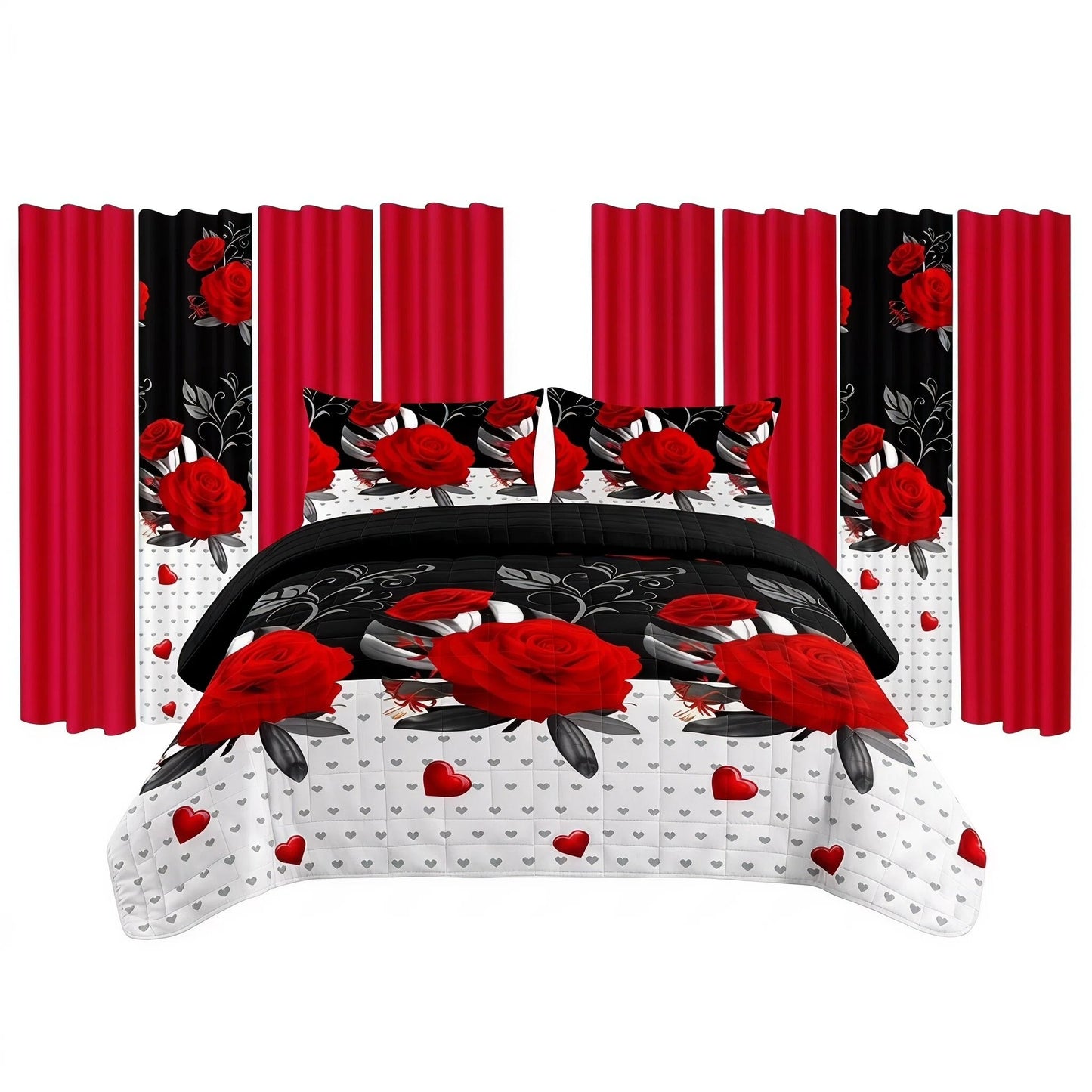 9-Piece Heavyweight Bedding Set with Rose Print & Curtains