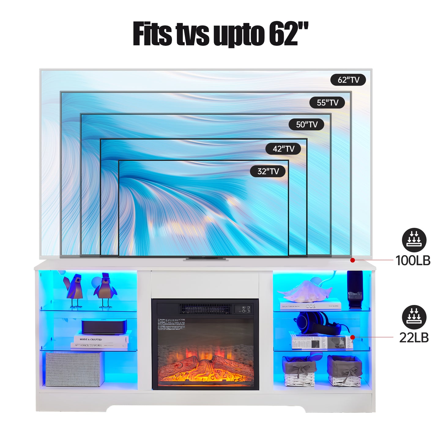 Electric Fireplace TV Stand with Glass Shelves & LED Lights - White