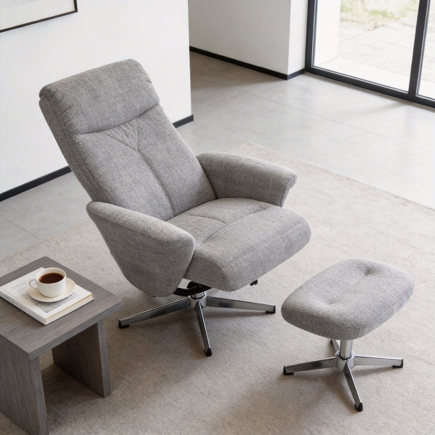 Light Grey Chenille Swivel Recliner Chair with Ottoman - Ergonomic