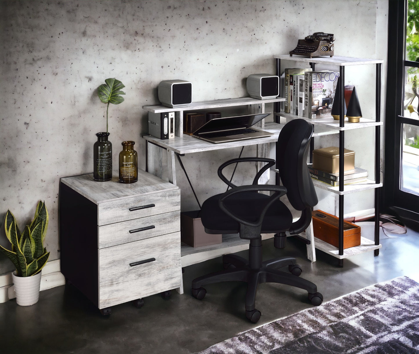 Antique White & Black Finish Writing Desk with USB Ports