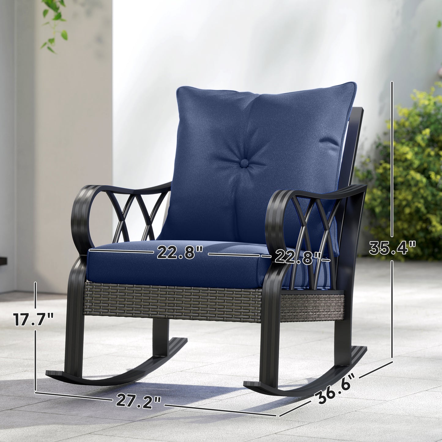 Navy Blue Outdoor Wicker Rocking Chair with Cushions