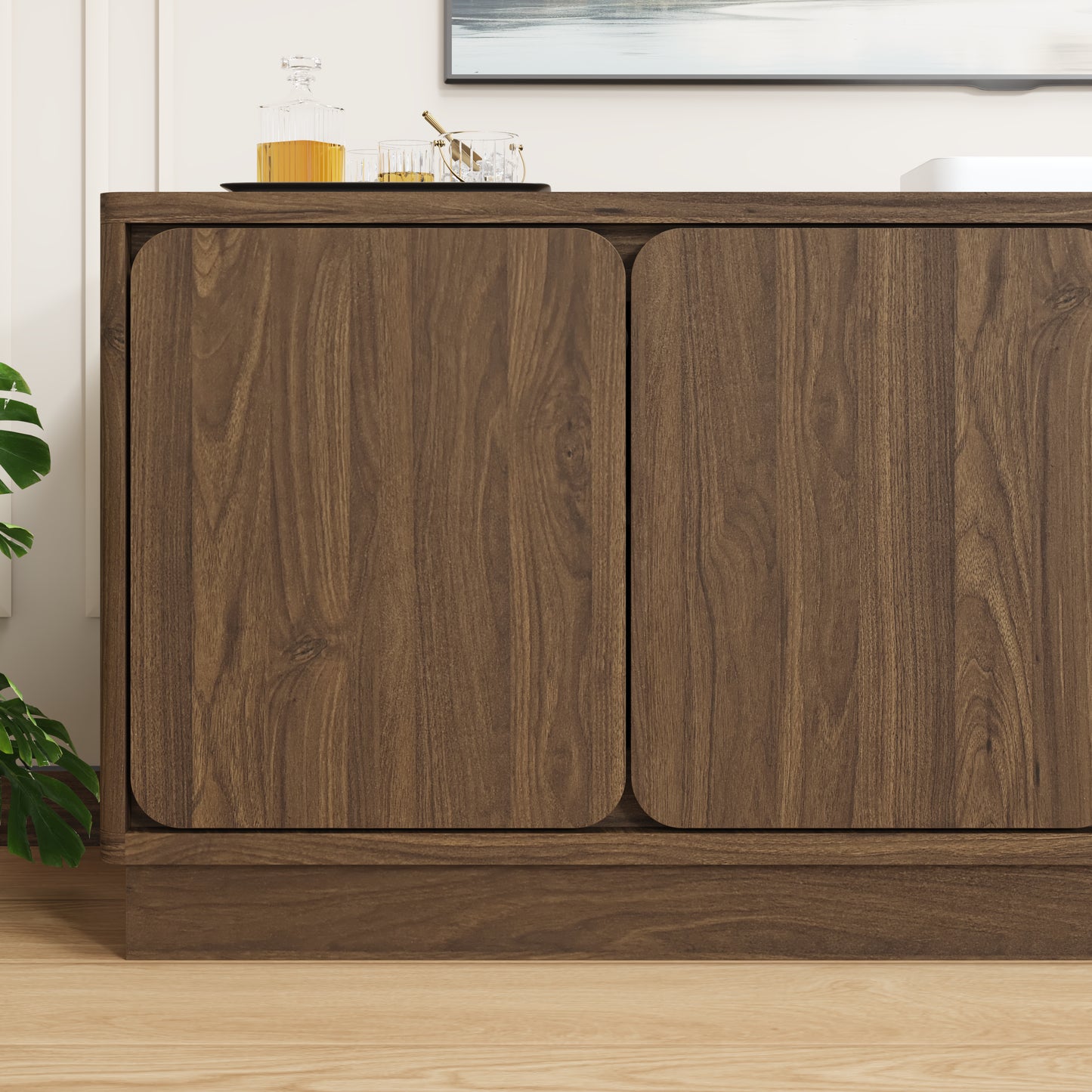 63 Inch Walnut TV Stand with 4 Storage Doors - Modern Media Console