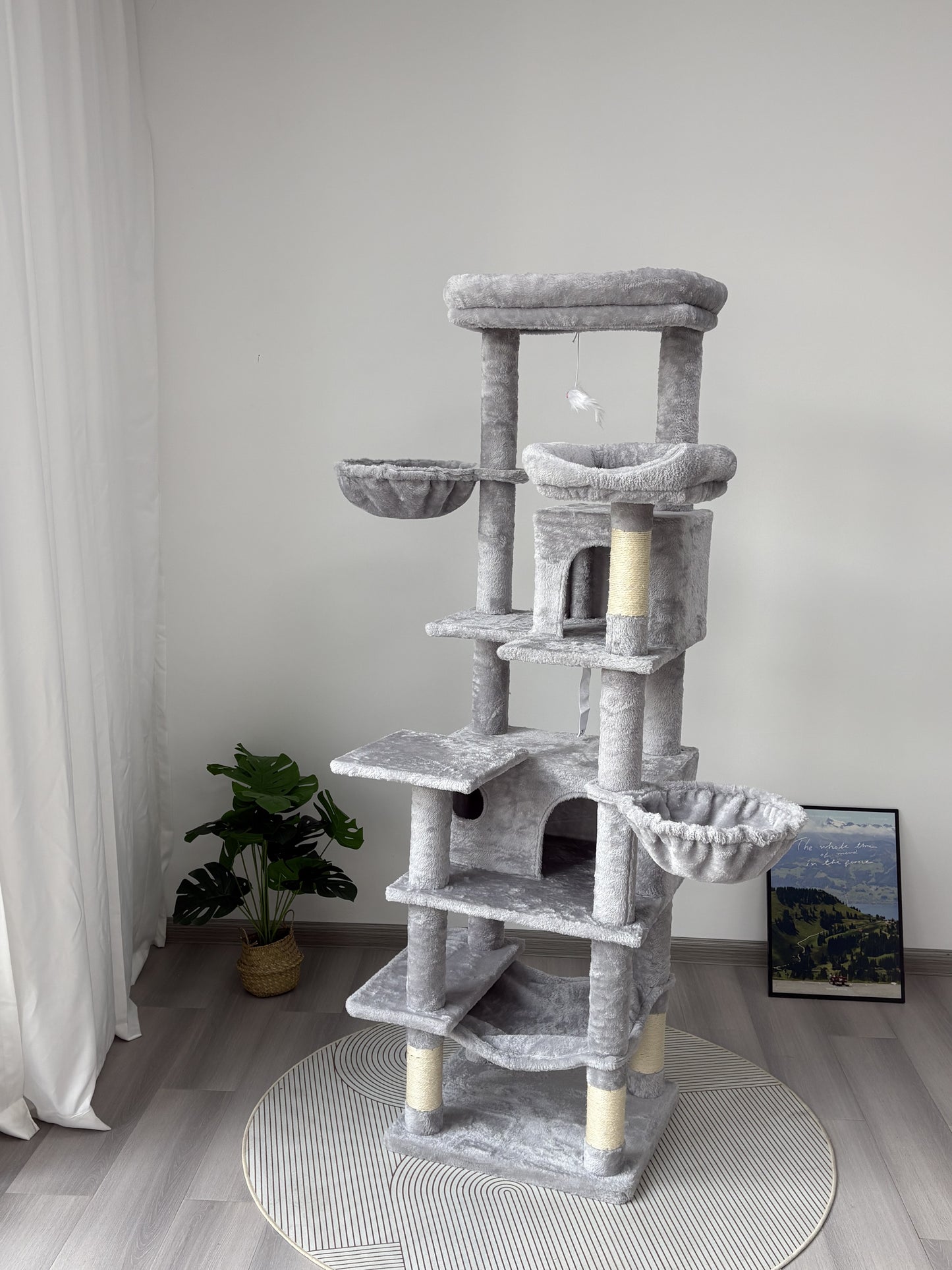 68-Inch Multi-Level Cat Tree with Hammocks and Scratching Posts - Light Gray