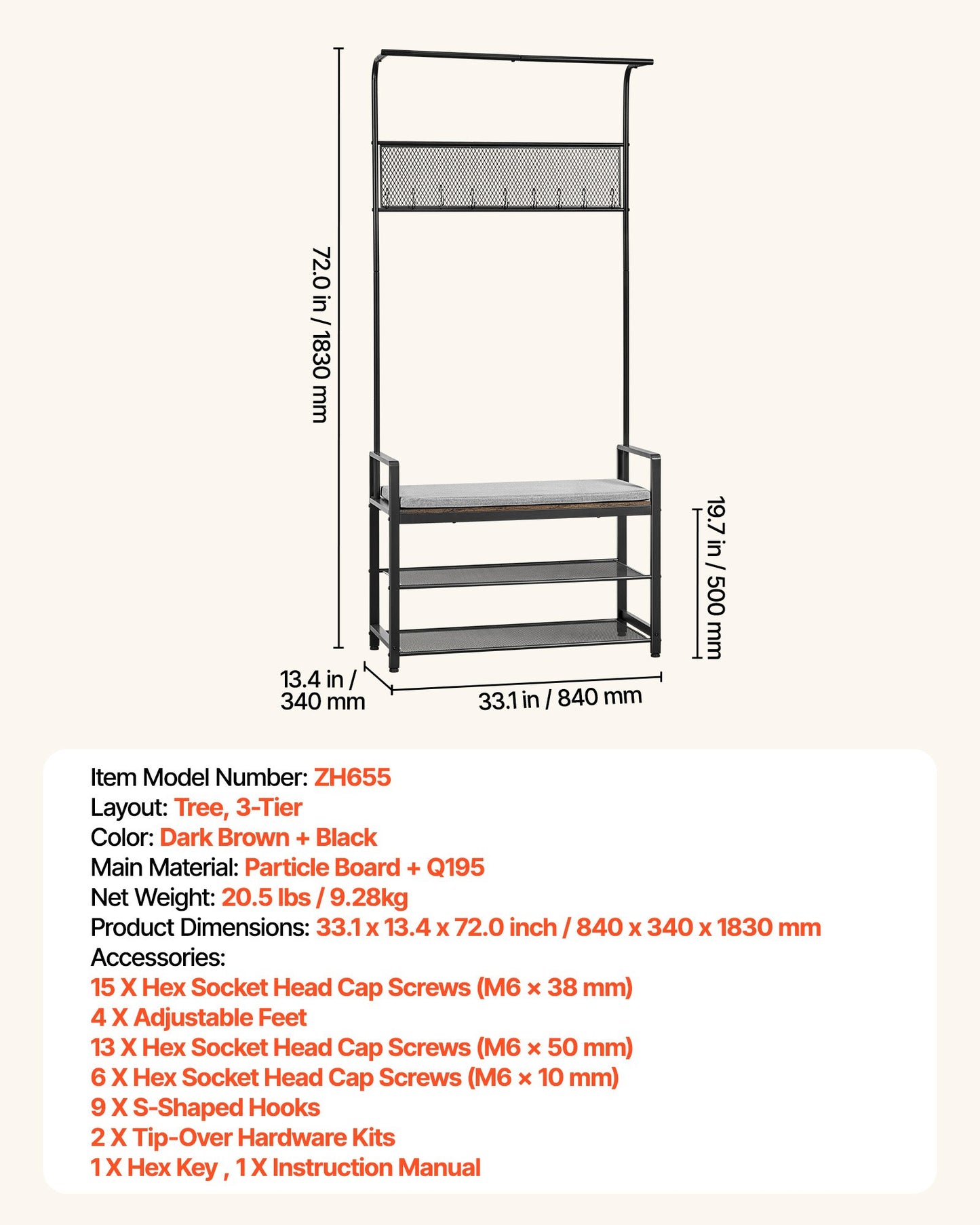 72-Inch Freestanding Coat Rack with Shoe Bench & 2-Tier Shoe Storage — Entryway Organizer, Hooks & Wire Shelf, Steel Frame, Black